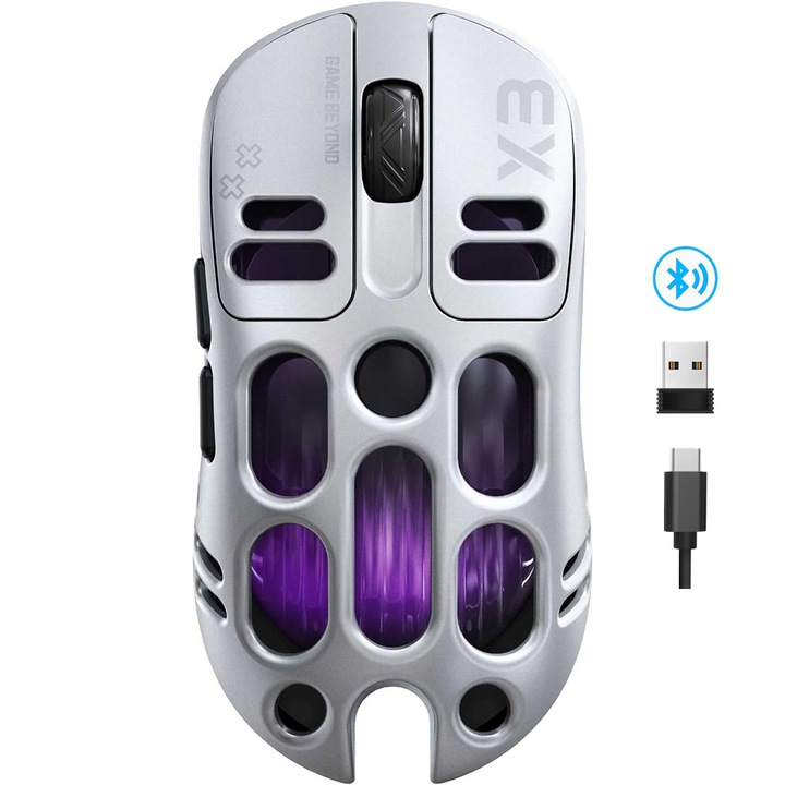 Vezeték nélküli Tri-Mod Gaming Egér, Ultrakönnyű 70g, Érzékelő, 8000DPI, RGB, 500mAh Akkumulátor, Bluetooth 5.1 / 2.4G / Vezetékes, PC-hez, Laptophoz, Telefonhoz