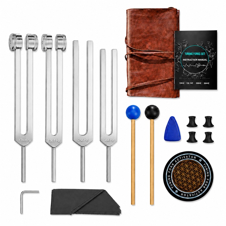 Set Diapazoane de Acord, 17 Piese, 4 Frecvente 128 Hz, 136,1 Hz, 256 Hz si 384 Hz, Furci de Acordaj din Aliaj de Aluminiu, cu Ciocane, Activator, Suporturi, Husa si Accesorii, pentru Meditatie si Yoga, Argintiu