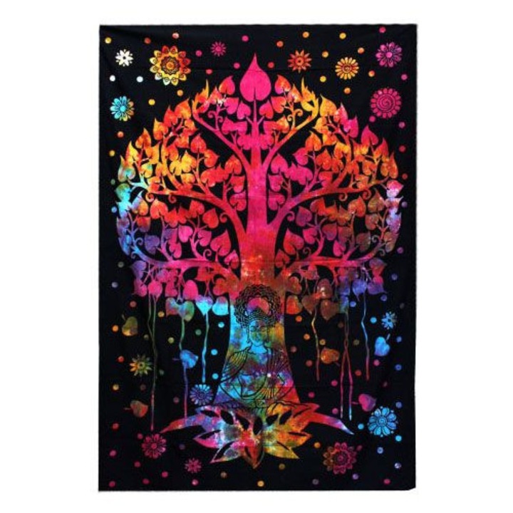 Cuvertură, Ancient Wisdom, Bumbac, Multicolor, 230x200 cm, Cuvertură dublă de pat din bumbac + agățătoare de perete, Arborele Bodhi