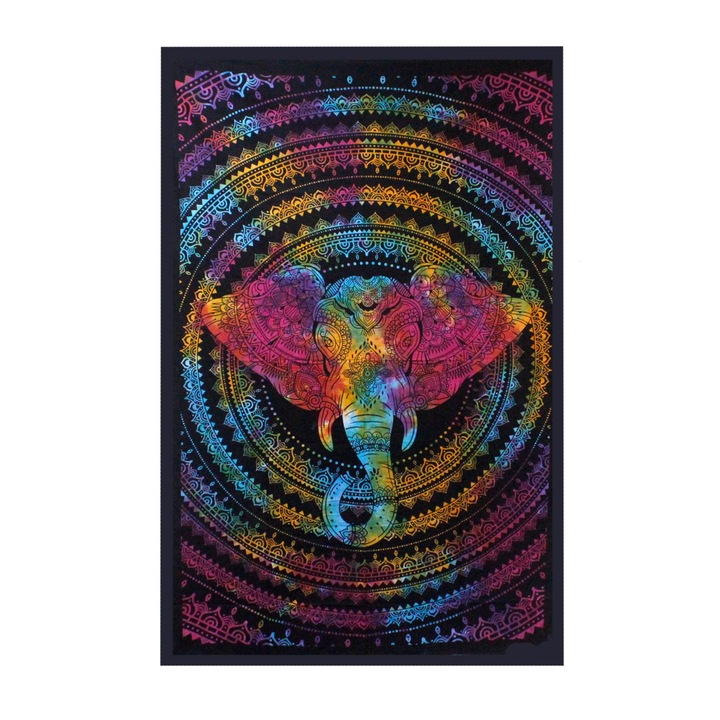 Cuvertură, Bumbac, Multicolor, 210 x 140 cm, Cuvertură de pat din bumbac pentru un pat + agățat de perete - Cap de elefant