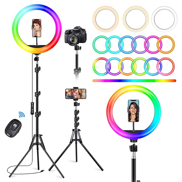 Lampa Circulara Ring Light LED, Duueyct, 10 inch, 37 színmód, 3 fényszint, Bluetooth távirányítóval és vezetékes távirányítóval, 160 cm-es állvány mellékelve, Telefontartó, USB csatlakozás, Ideális fotózáshoz, TikTok és Facebook videókhoz