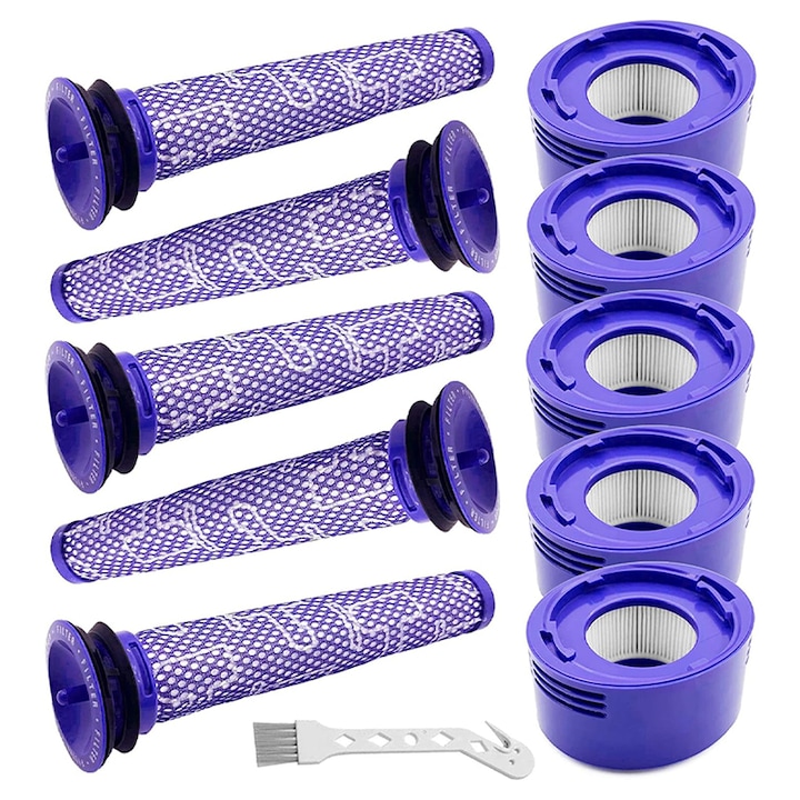 10 db porszívószűrő készlet, Rqiurpn, Kompatibilis Dyson V7 V8, 5 előszűrő, 5 utószűrő, 1 tisztítókefe, Könnyen tisztítható, Tartós anyag, Lila