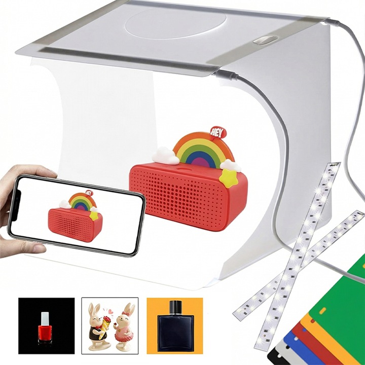 Mini Cort Foto Portabil, Rqiurpn, 20 LED-uri, 6 fundaluri colorate, Kit Studio Lumina, 23x23cm, Lampa Circulanta, Pentru produse de dimensiuni mici, Alb