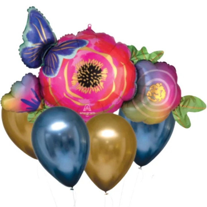 Букет от 5 декоративни балона, Anagram, Satin Luxe Flower и Butterfly, 48см и 30см, цветен
