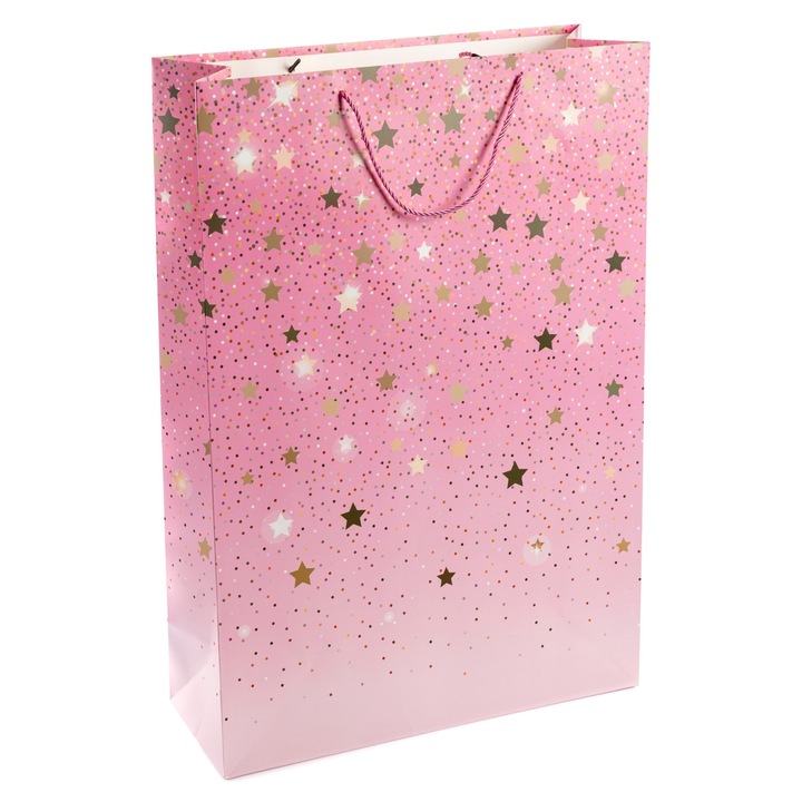 Pungă decorativă de cadouri, Mis Gustaw, 50x70x20cm, roz cu stele, pentru ziua de naștere și sărbători