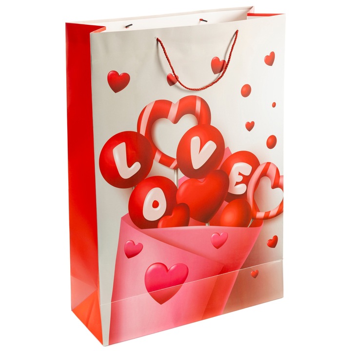 Punga decorativă pentru cadou, Mis Gustaw, inimioare pastel, 50x70x20cm, set 3 bucăți