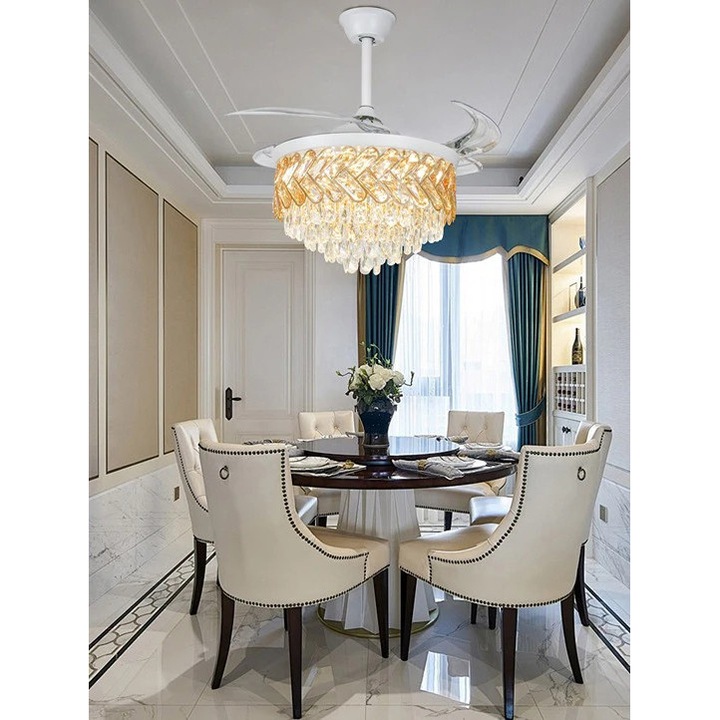 Candelabru LED RFAN, Cu Ventilator si Telecomanda, Cristal Si Metal, 72W, Alb/Auriu