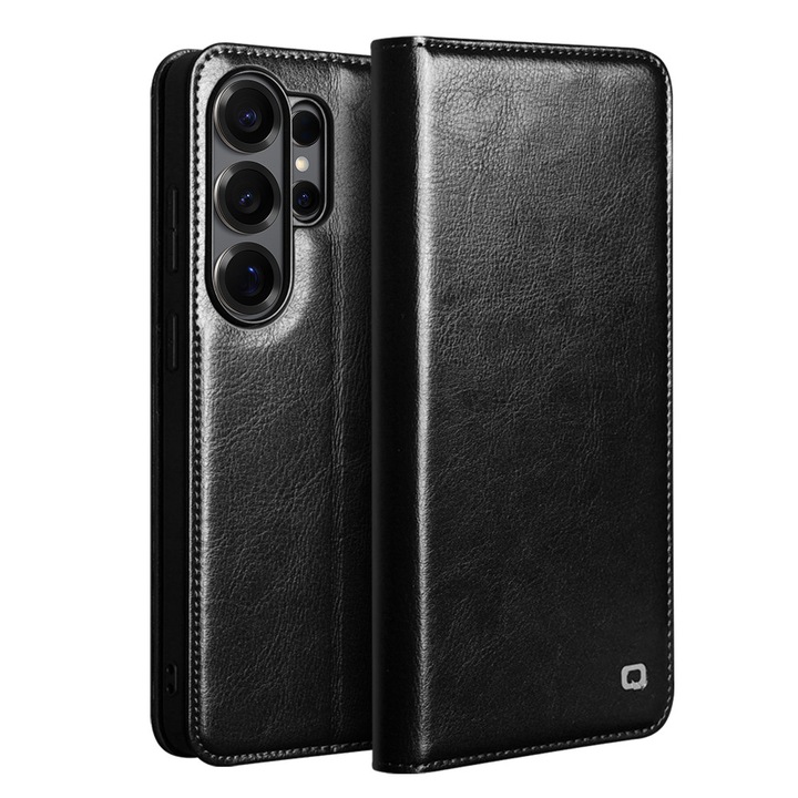 Samsung Galaxy S26 Ultra kompatibilis tok – finom valódi bőr, könyv típus, kártya- és pénztárca funkció, állvány funkció, Qialino Classic Wallet, Fekete – Black Prestige