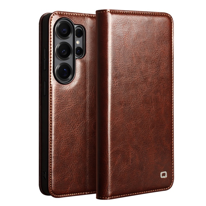 Samsung Galaxy S26 Ultra kompatibilis tok – finom valódi bőr, könyv típus, kártya- és pénztárca funkció, állvány funkció, Qialino Classic Wallet, Barna – Espresso Brown