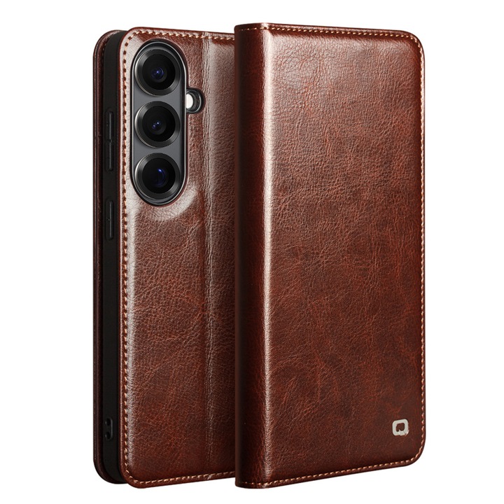 Husa pentru cu Samsung Galaxy S26 – piele naturala fina, tip carte, sloturi carduri si bani, functie stand, Qialino Classic Wallet, Maro - Espresso Brown