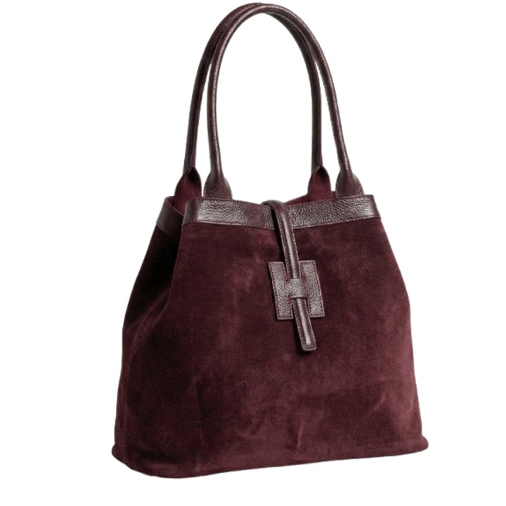 Дамска чанта Shopper 2 в 1, Естествен велур и кожа, Произведена в Италия, Бордо