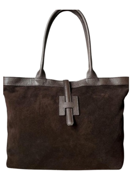 Дамска чанта Shopper 2 в 1, Естествен велур и кожа, Произведена в Италия, Кафява