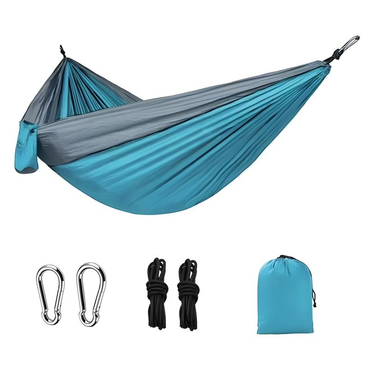 Hamac MAXIMA 60014404, Lungime până la 290 cm, Pânză 260x135 cm, Din țesătură de parașută, Albastru deschis cu gri