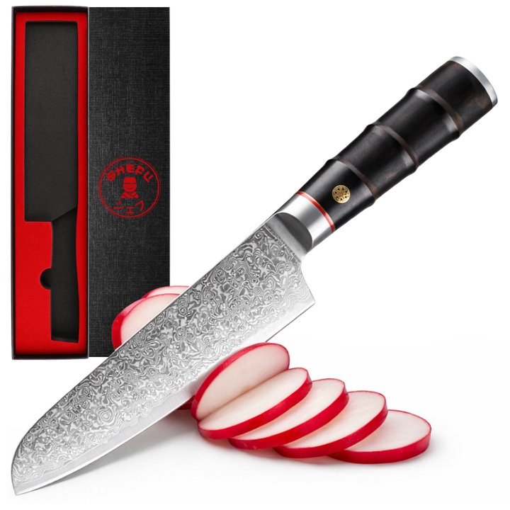 Cutit Santoku ShefuKnife, otel inoxidabil Damasc, maner din palisandru, 18cm