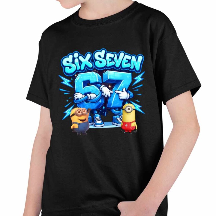 Tricou Copii Baieti Minions 67 Six Seven Sase Sapte Despicable Steal Brainrot, Negru
