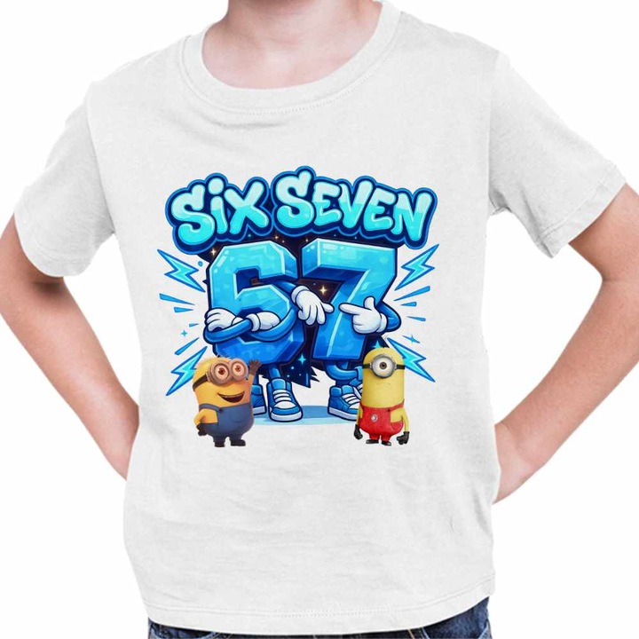 Tricou Copii Baieti Minions 67 Six Seven Sase Sapte Despicable Steal Brainrot, Alb