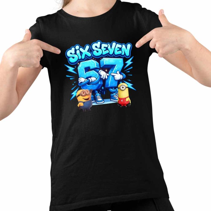 Tricou Copii Fete Minions 67 Six Seven Sase Sapte Despicable Steal Brainrot, Fekete