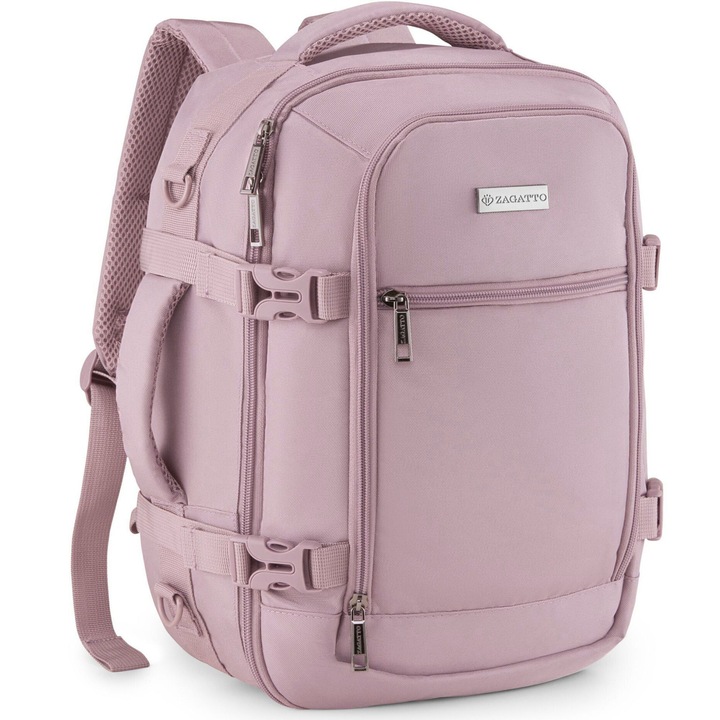 Rucsac voiaj, Zagatto ZG1115, Bagaj de mana gratuit 40x30x20 cm, Rucsac calatorie avion, Compatibil Wizz Air, Ryanair, Comapartimet laptop, Buzunar antifurt, Atasabil la valiza, Impermeabil, Capacitate 24L, Roz
