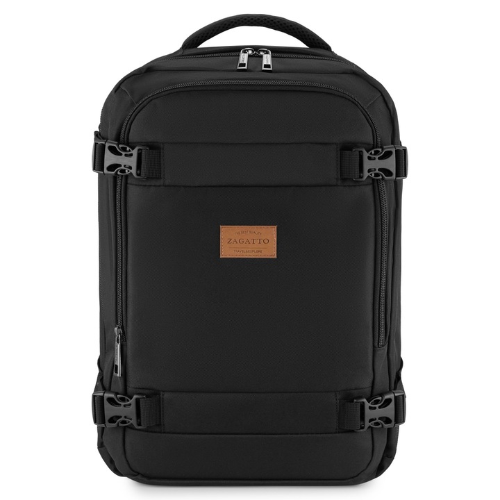 Rucsac voiaj, Zagatto ZG1111, Bagaj de mana 40x30x20 cm, Rucsac calatorie avion, Compatibil Wizz Air, Ryanair, Comapartimet laptop, Atasabil la valiza, Impermeabil, Capacitate 24L, Negru