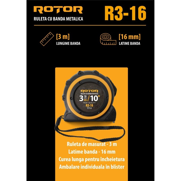 Ruleta 3m x 16mm ROTOR R3-16, Curea de mana, Auto-blocare