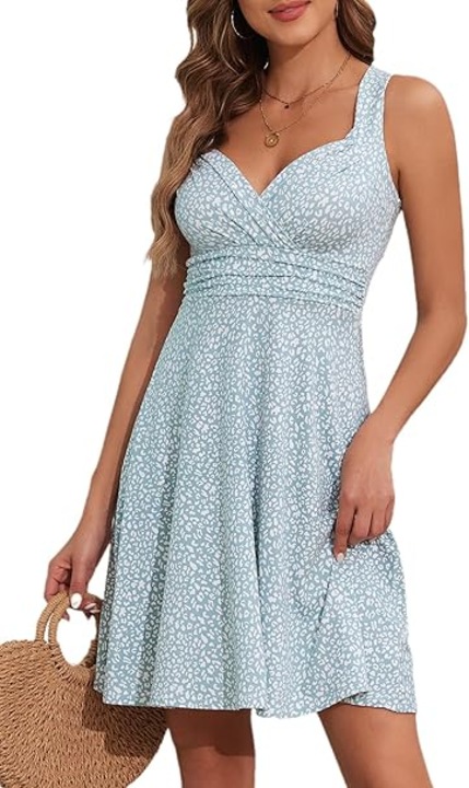 Rochie casual pentru femei deasupra la genunchi, fara maneci, albastra cu model L