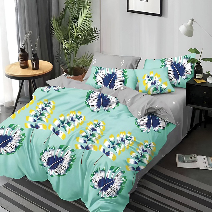 EmonaMall S17726 ágynemű, kétoldalas, 4 párnahuzat, 6 részes, türkiz/szürke