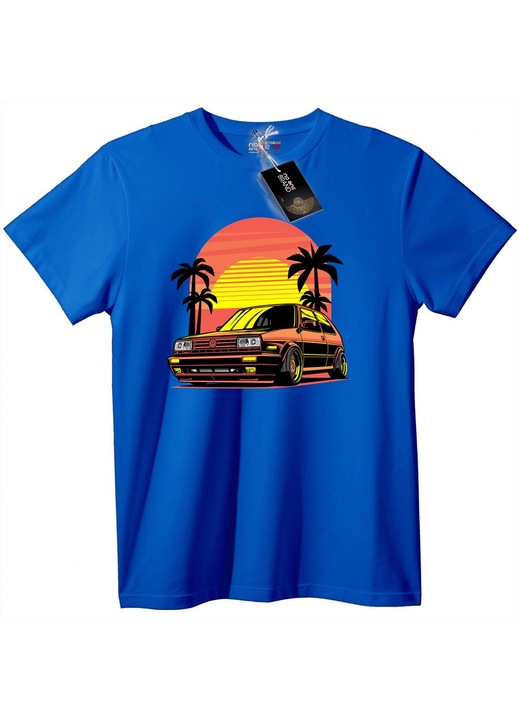 Tricou Mașină retro și apus de soare, Albastru, L
