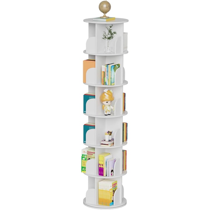 Raft rotativ SaniTex SPIN, 6 nivele, alb, cu roti, 360 grade, organizare cărți