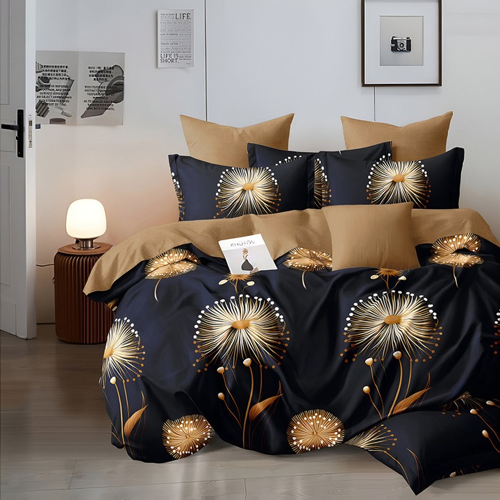 EmonaMall S17421 ágynemű, kétoldalas, 4 párnahuzat, 6 részes, sötétkék/barna