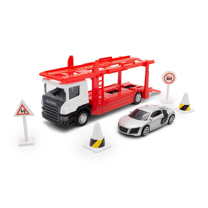 Macheta Camion transportator auto Scania cu accesorii TechnoDrive