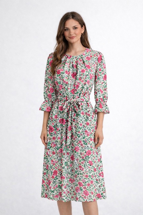 BAROCCA, Rochie midi cu cordon in talie Xenia, Alb/Verde/Roz