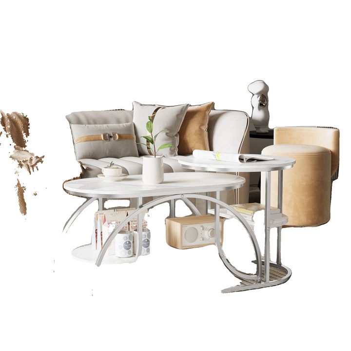 Маса за кафе, модерен минималистичен стил, сребриста, компактни размери, с място за съхранение