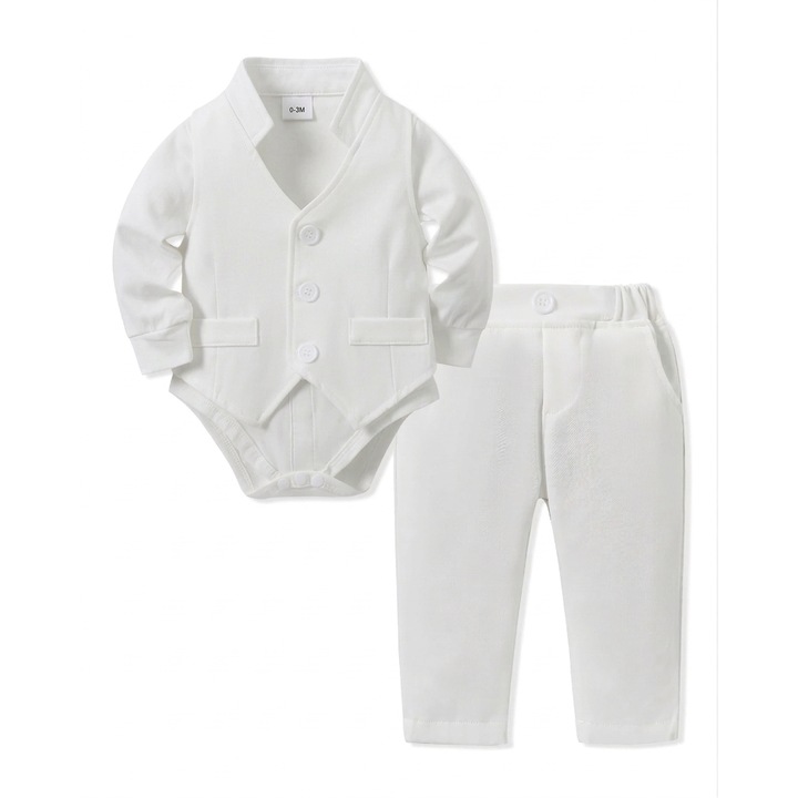 Costum elegant pentru baieti ZOEREA, body camasa cu maneca lunga, vesta, bretele si pantaloni, 12-18 luni, culoare alb