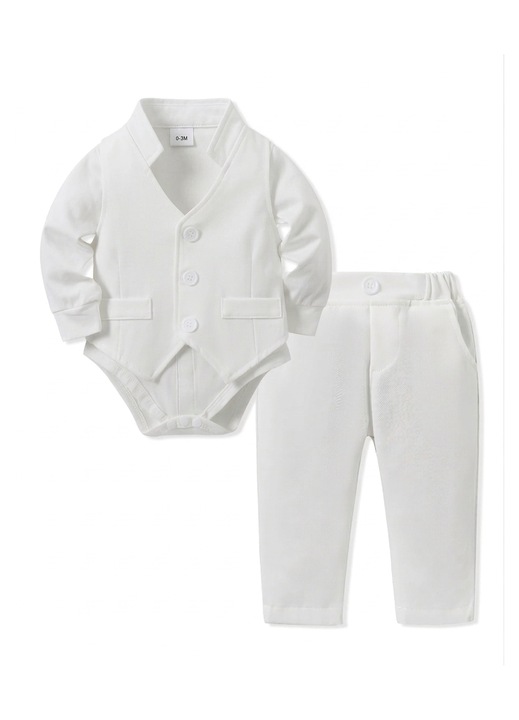 ZOEREA elegáns ruha fiúknak, hosszú ujjú ing body, mellény, nadrágtartó és nadrág, 12-18 hónapos korig, fehér színű