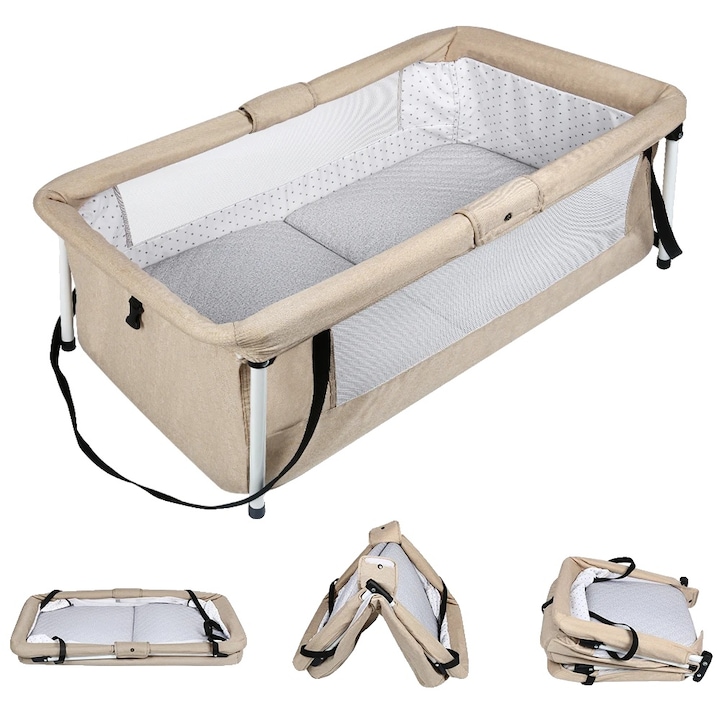 Babaágy, hordozható kivitel, szúnyoghálóval, bézs, 50x90x35cm