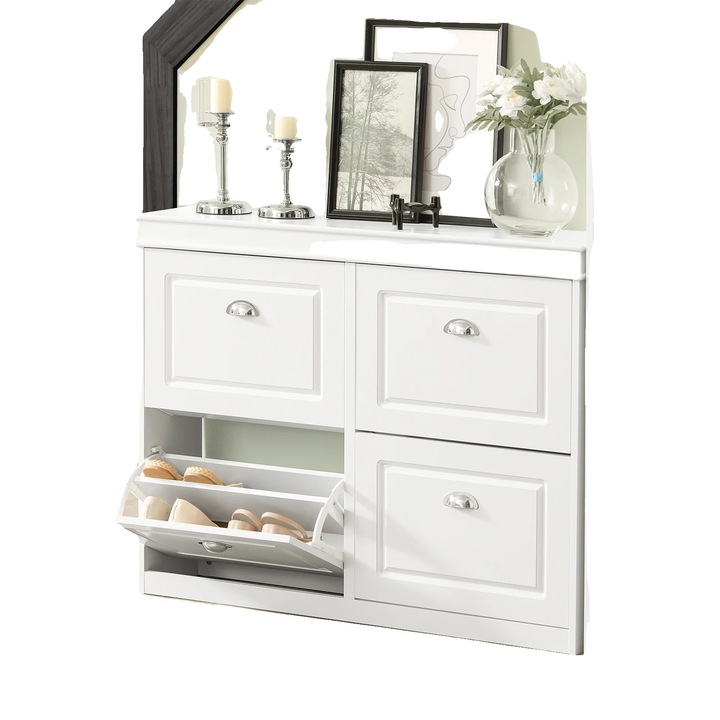 Cipősszekrény, 4 lehajtható ajtó, kompakt design, fehér, 105x82x24cm