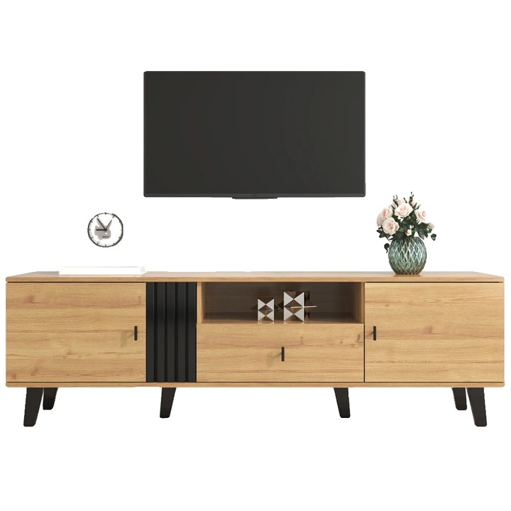 Comoda TV, design modern din lemn, spatiu de depozitare generos, iluminare integrata, dimensiuni standard