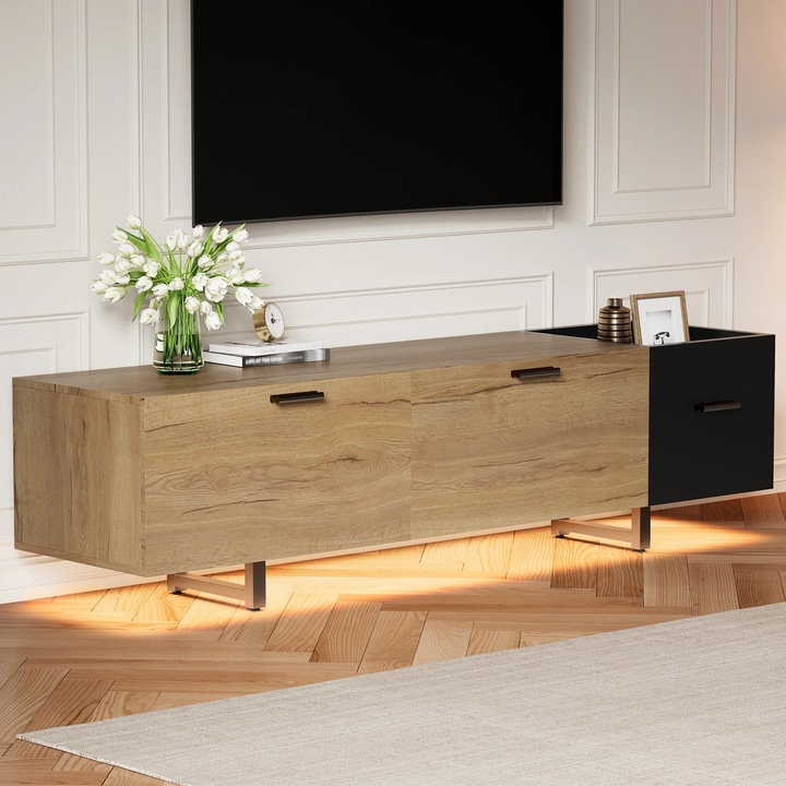 Comoda TV, Consola media, 180×38×49 cm, 2 sertare, 2 dulapuri, Stil marocan modern, Cadru din lemn, Bej