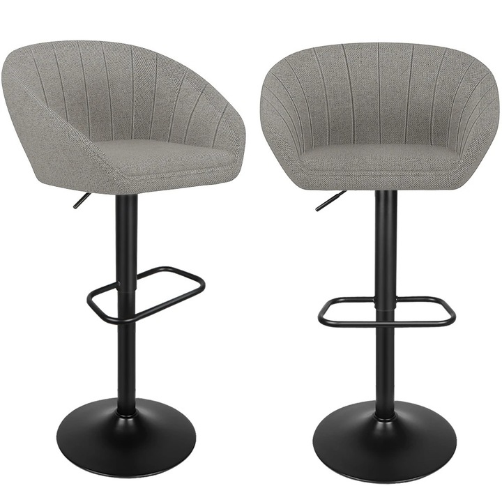 Scaune de bar/Taburete de bar set 2, Scaun de bar, Reglabil pe inaltime, Rotativ, Sezut tapitat, Cadru metalic, Stil modern minimalist, Gri deschis
