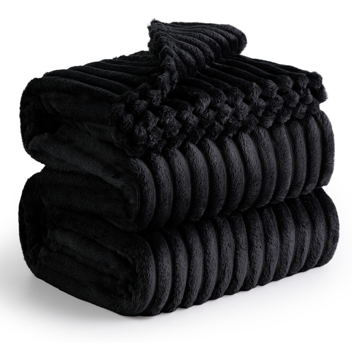 Patura pufoasa BEDSURE, fleece tip lana, 230x270 cm, negru