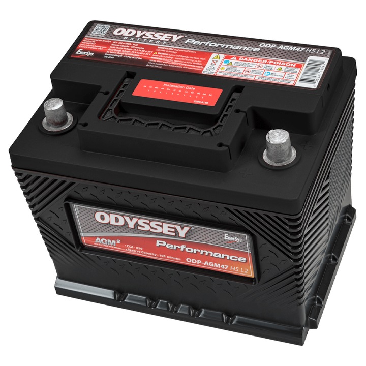 Baterie auto Odyssey ODP-AGM47/L2 AGM, 12V, 64Ah, 650CCA, foarte rezistentă la vibrații, dimensiuni 241x175x191mm