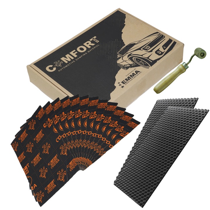 Kit insonorizare Premium plafon Comfortmat Roof Kit PR1 fono si vibro absorbant, 12 foi Comfortmat Cobra (350x500mm) si 2 foi Comfortmat Soft Wave 15 (1000x700mm), 1 rola aplicare insonorizant