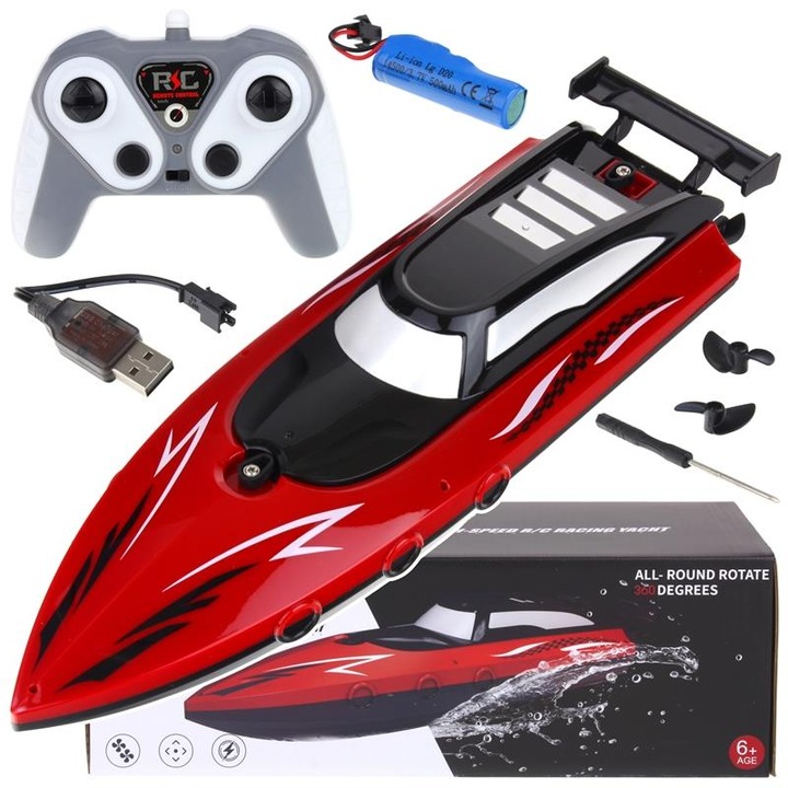 Лодка с дистанционно управление Nobo Kids, състезателен модел, червена, размери 9,8x33x7,5 см, пълен комплект