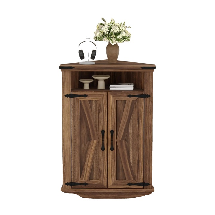 Dulap de colt pentru baie, design rustic, rafturi ajustabile, maro