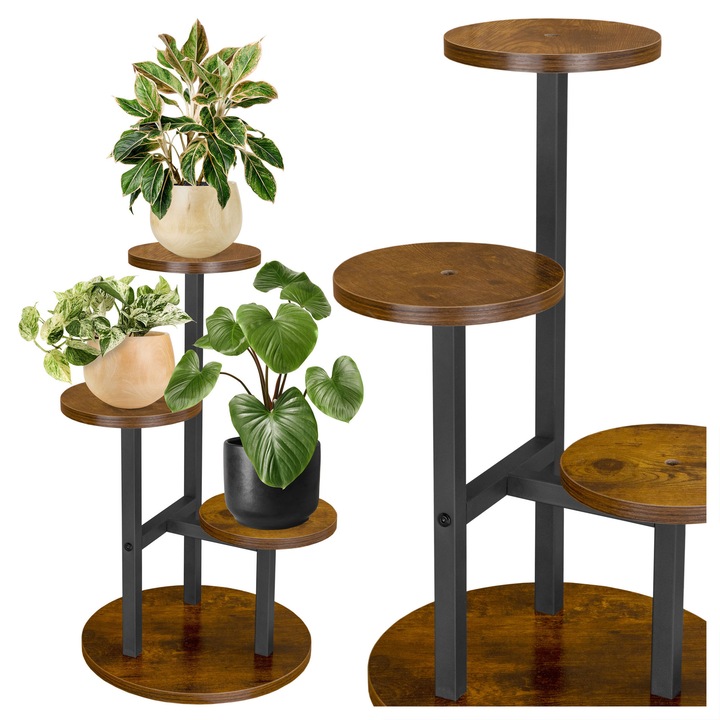 Suport metalic pentru plante LoftInspired Miguel Rustic, 3 etaje, negru + dab postarzany, 54x32cm