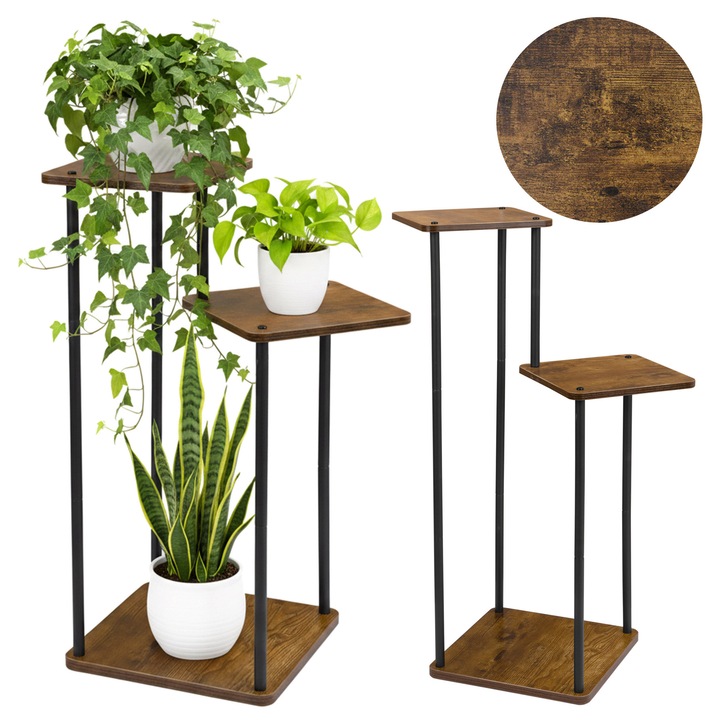 Suport metalic pentru ghivece LoftInspired TOMAS, 3 locuri, negru + postarzanie, 81x57,5x32cm