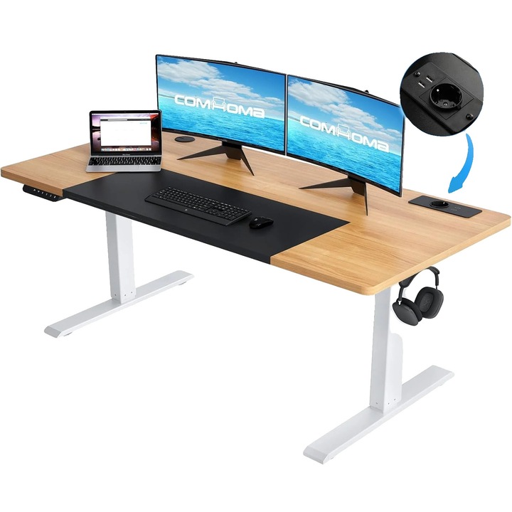 Birou cu inaltime ajustabila, USB integrat, maro-alb, 140x60x116cm