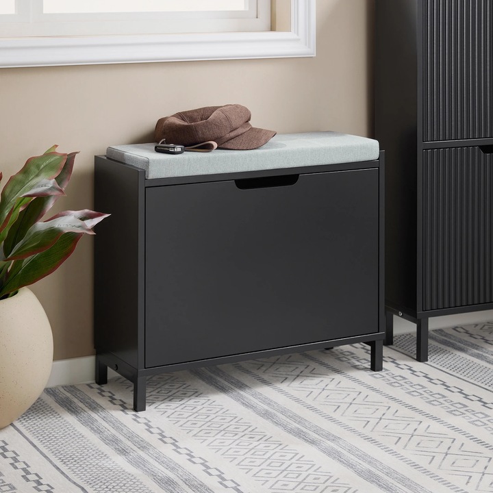 Cipősszekrény, kompakt design, állítható tárolórekeszek, fekete, 60x52x24cm