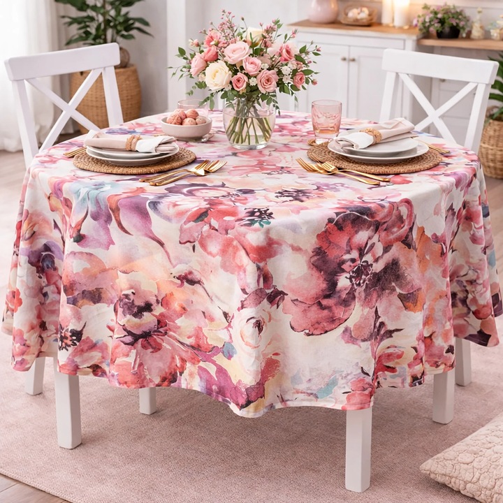 Fata de masa rotunda 180 cm antimurdarire, Imprimeu trandafiri Crem/Roz Ralex Pucioasa