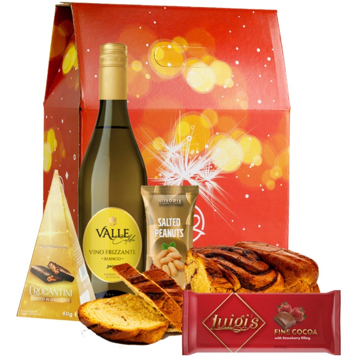 Pachet Cadou EASTER, Vin Frizzante Valle Calda 0.75l; Cozonac cu nuca si cacao 500g; Tableta Luigi's 100g; Crocantini Gran Festino 60g; Arahide Nuxoria 60g; Cutie cadou 26EMG6
